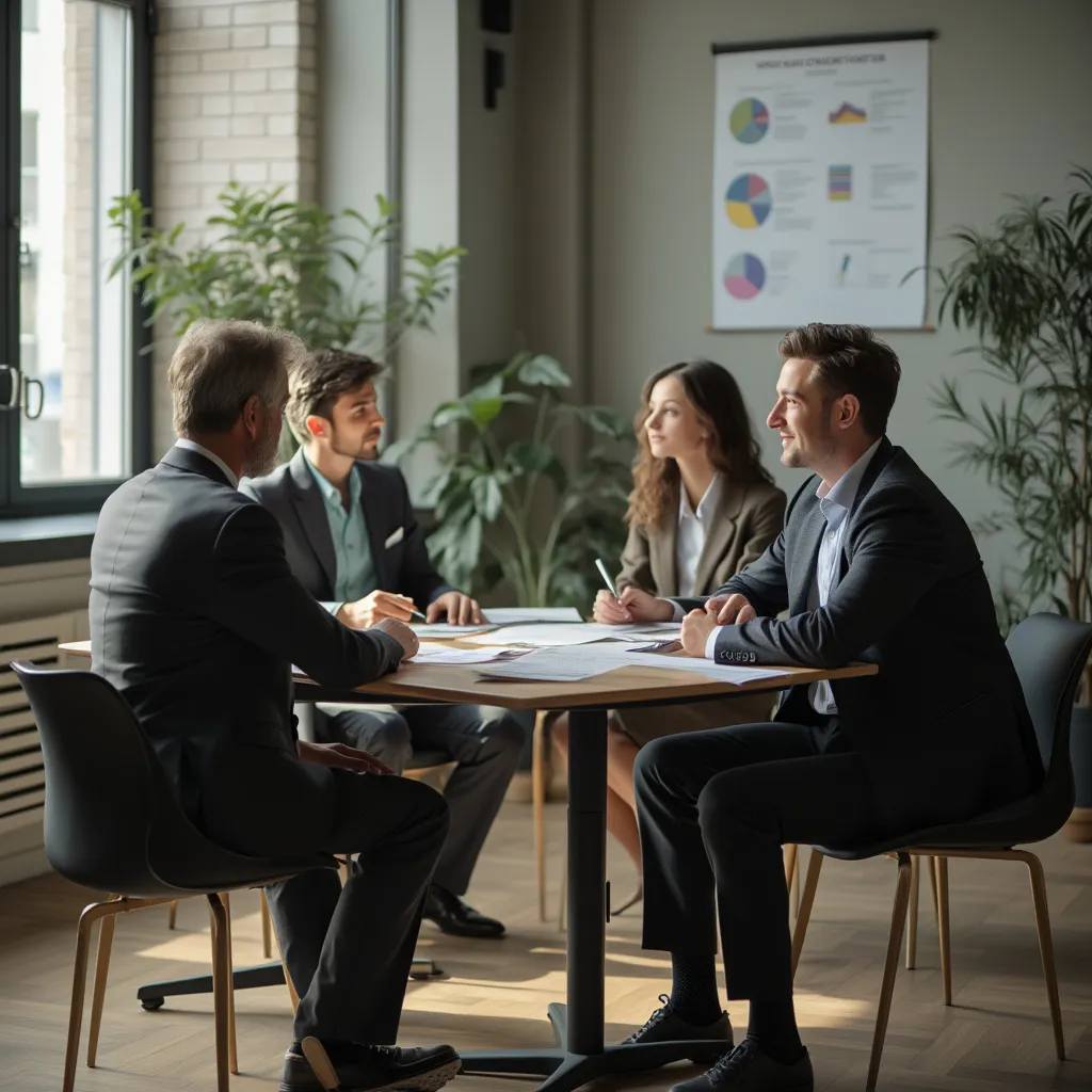 A diverse team in a retro-styled office enthusiastically planning around a large table with documents and coffee.